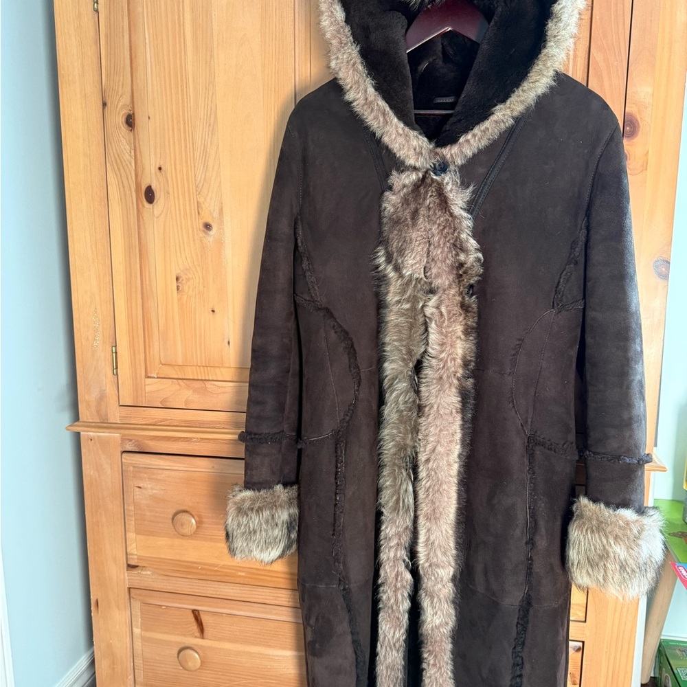 Brown Hooded Coat with Fur Trim